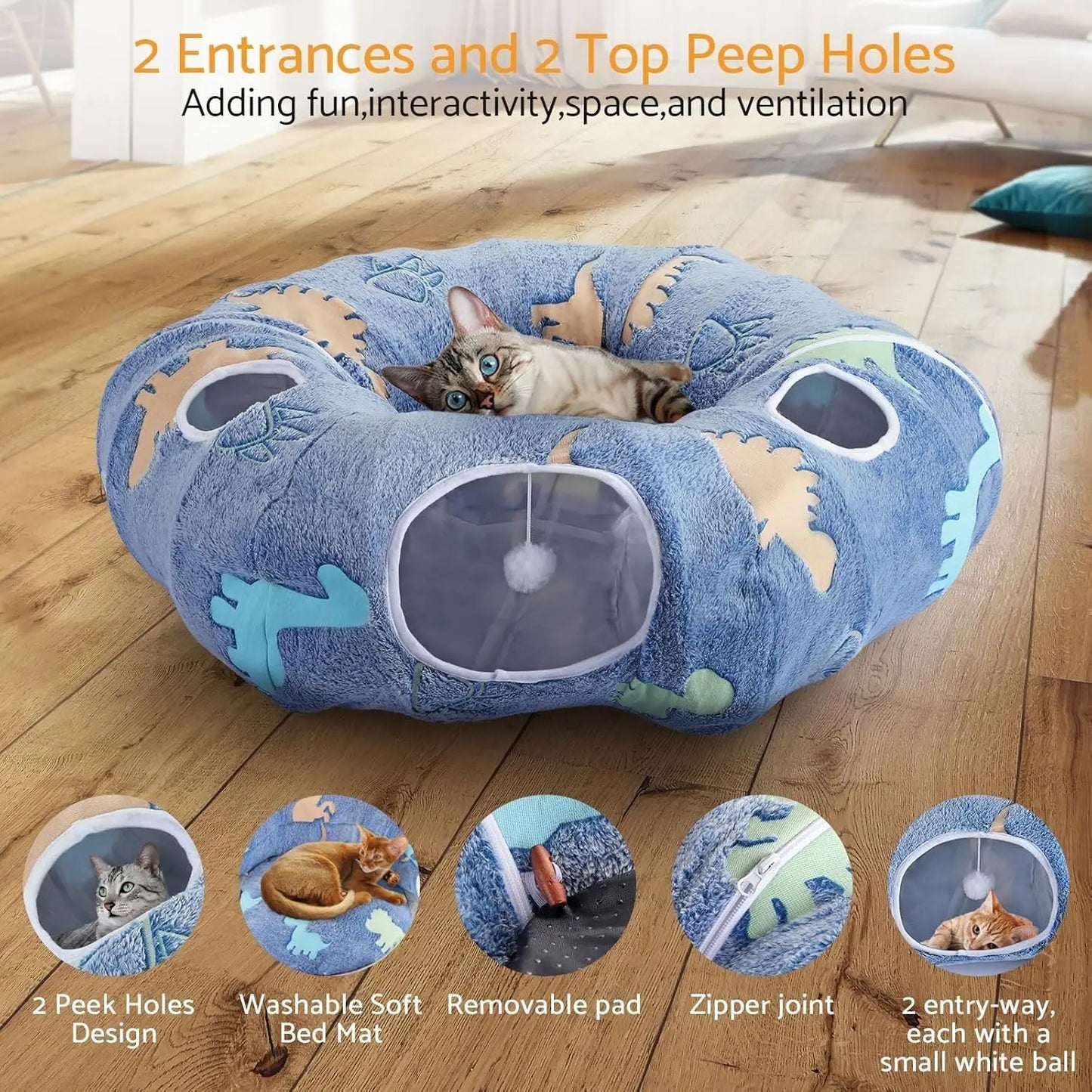 Foldable Cat Tunnel with Washable Bed 4 Entry Points,Peekaboo Cat Cave,Multifunctional Playground Toy for Cats Kittens