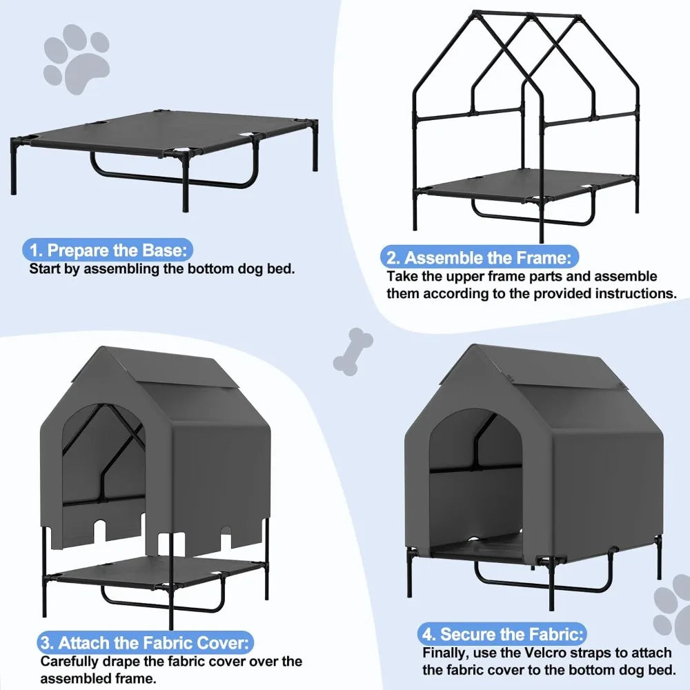 48" dog house for large dogs outside, elevated cooling dog beds for outdoor indoor, weatherproof raised pet shelter with canopy,