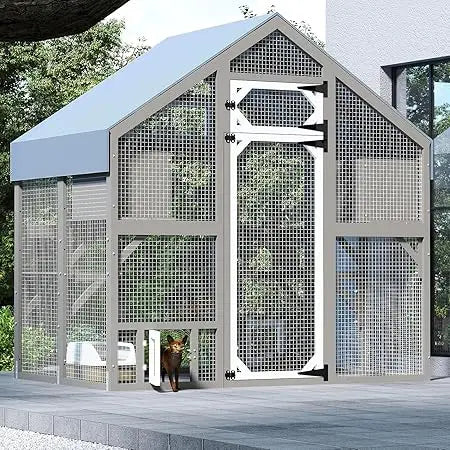 71" H Catio Outdoor Cat Enclosure Large Wooden Walk in Cats House Outside Weatherproof Roof,Attached to House's Window,Cat's Doo
