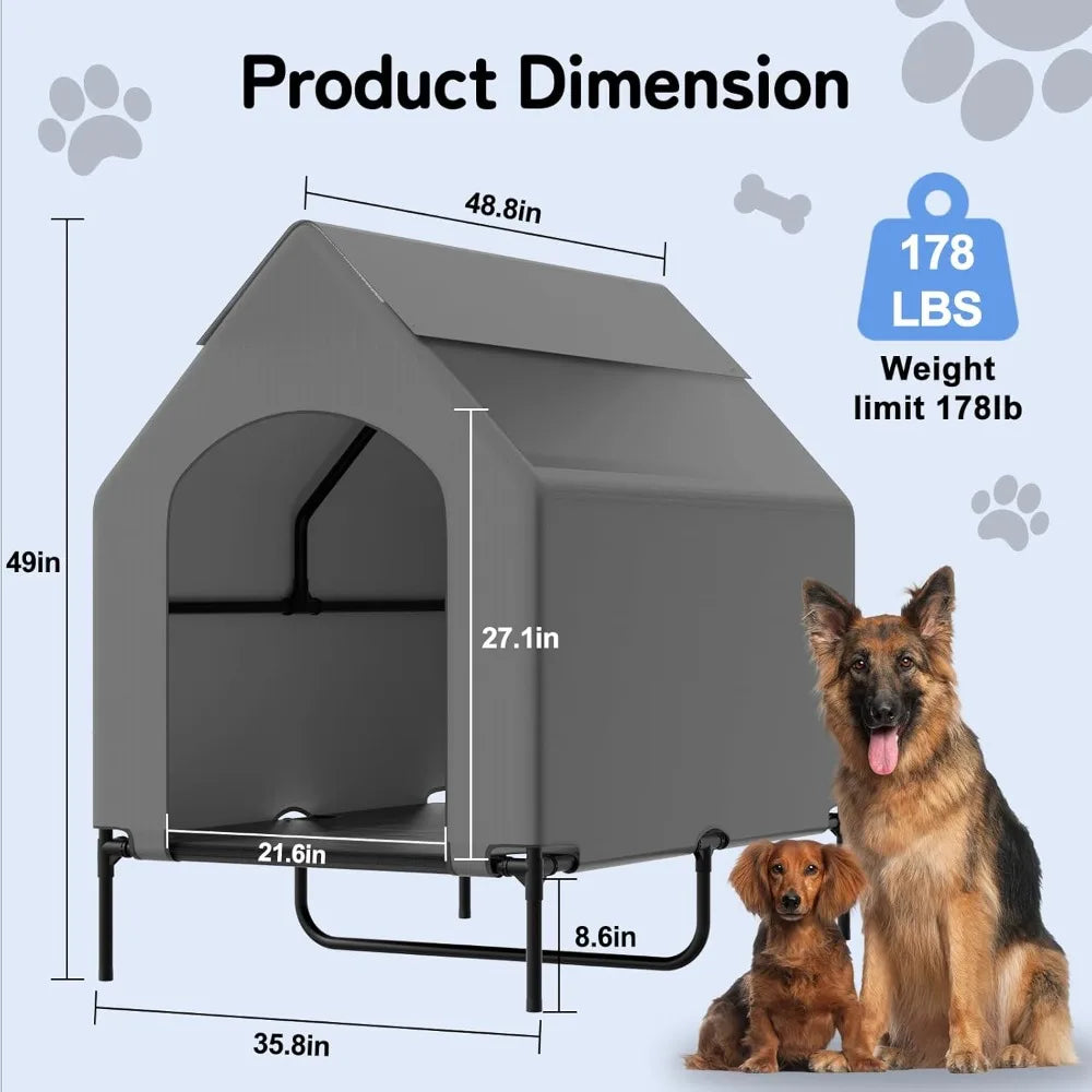 48" dog house for large dogs outside, elevated cooling dog beds for outdoor indoor, weatherproof raised pet shelter with canopy,
