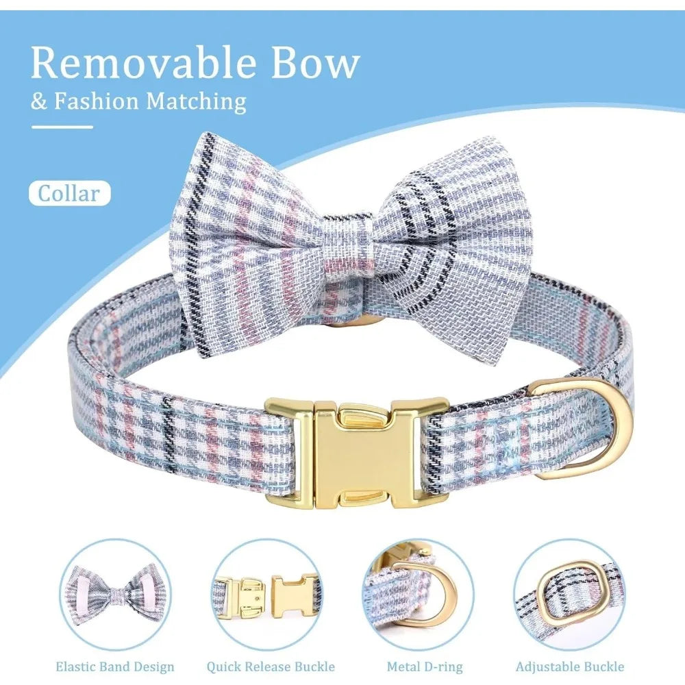 Cute Extra Small Dog Harness Collar and Leash Set with Bowtie, Soft Adjustable Plaid Puppy Harness for Small Sized Dogs Cats Wa