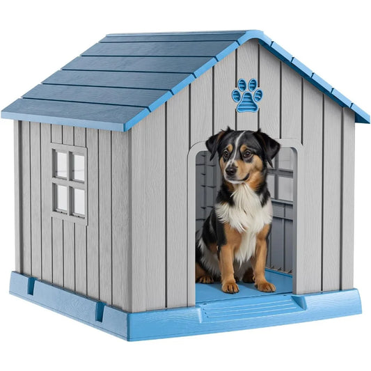 38" Dog House Kennel Indoor Outdoor,Peaked Deck Doghouse,Keep Your Dog Dry & Cozy(Grey Blue)