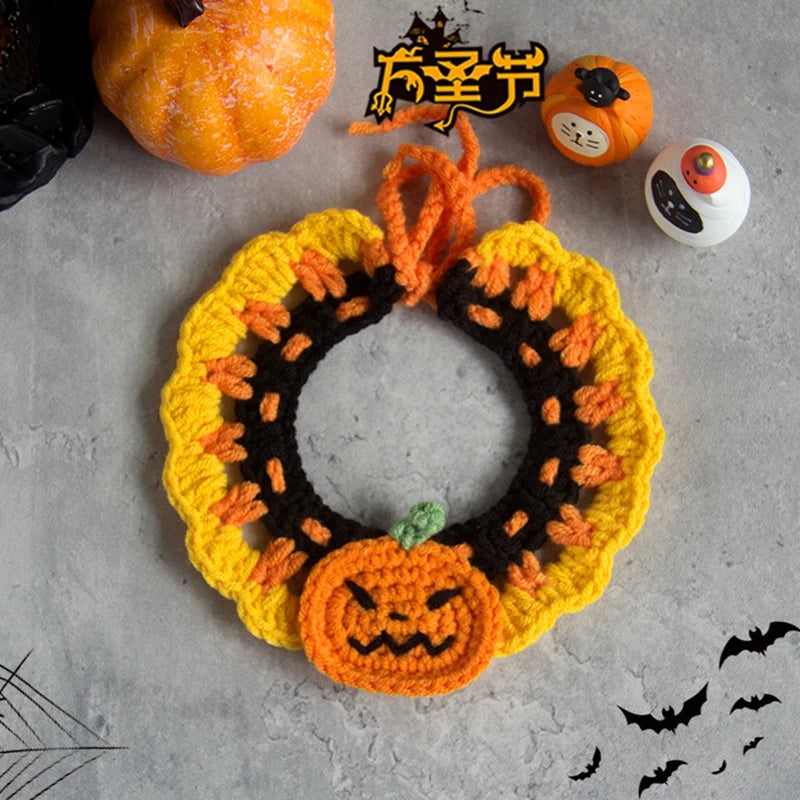Hand Woven Cat Collars Breakaway Kitten Collar with Pumpkin Pattern Pet Cosplay Costume Crochet Pet Nacklace Halloween Decor