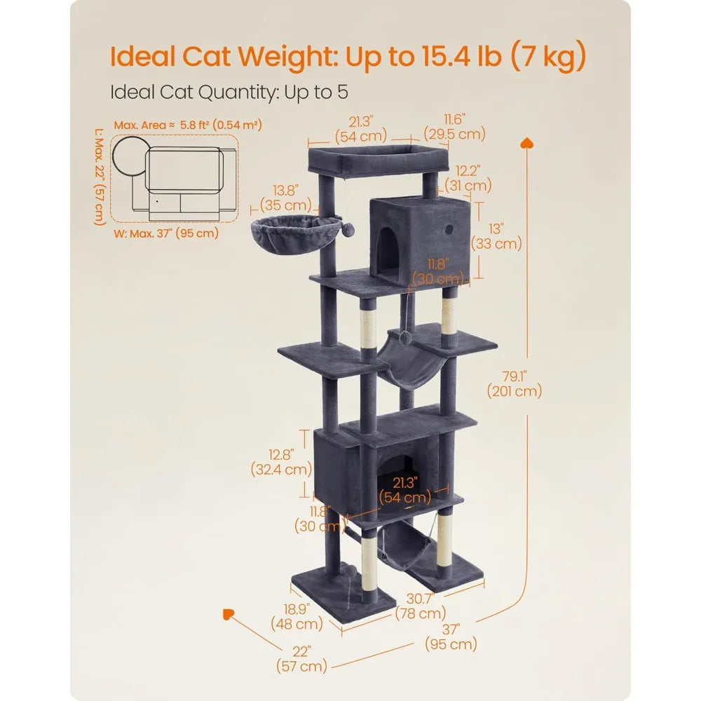 Feandrea Cat Tree, 79.1 Inch Tall Cat Tower for Indoor Cats, Multi-Level Large Cat Condo with 4 Scratching Posts, 2 Hammocks, a