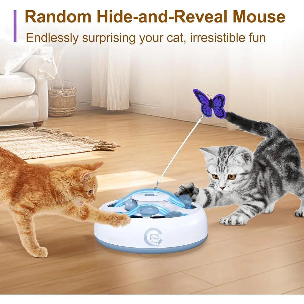 Cat Toys 3 in1 Automatic Interactive Kitten Toy, Moving Ambush Mouse, Fluttering Butterfly, Track Balls, USB Powered, Indoor Exe
