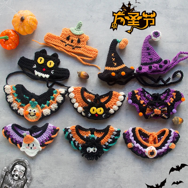 Hand Woven Cat Collars Breakaway Kitten Collar with Pumpkin Pattern Pet Cosplay Costume Crochet Pet Nacklace Halloween Decor