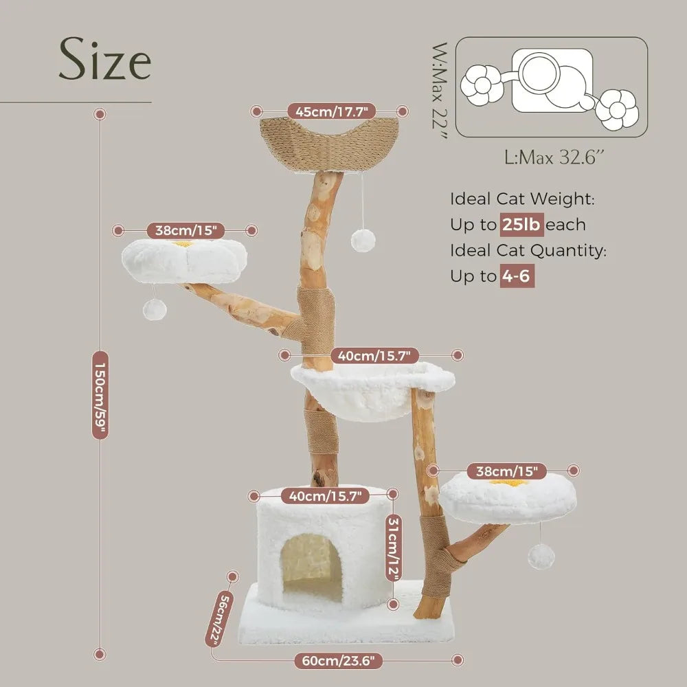 PAWZ Road Cat Tree for Indoor Cats Large Adults, 59 Inches Modern Cat Tower with Large Basket and Hammock, Natural Solid Wood, L