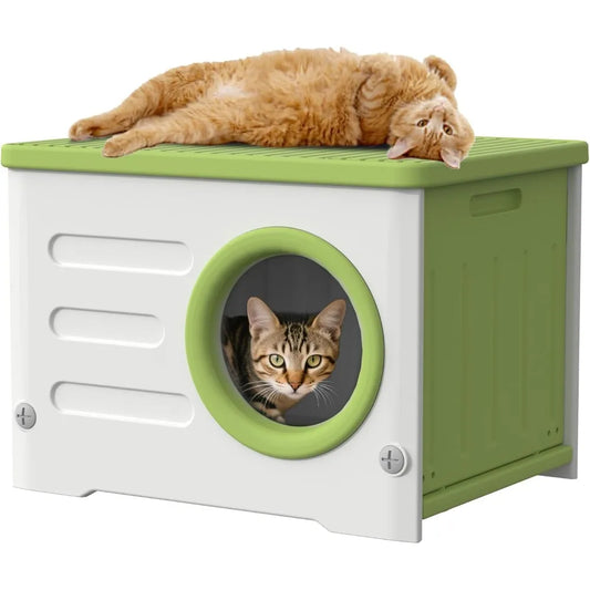 Outdoor Cat House Weatherproof&Insulated,Plastic Waterproof Elevated Cat Shelter Stackable Pet House Cat Wave for Outdoor Indoor