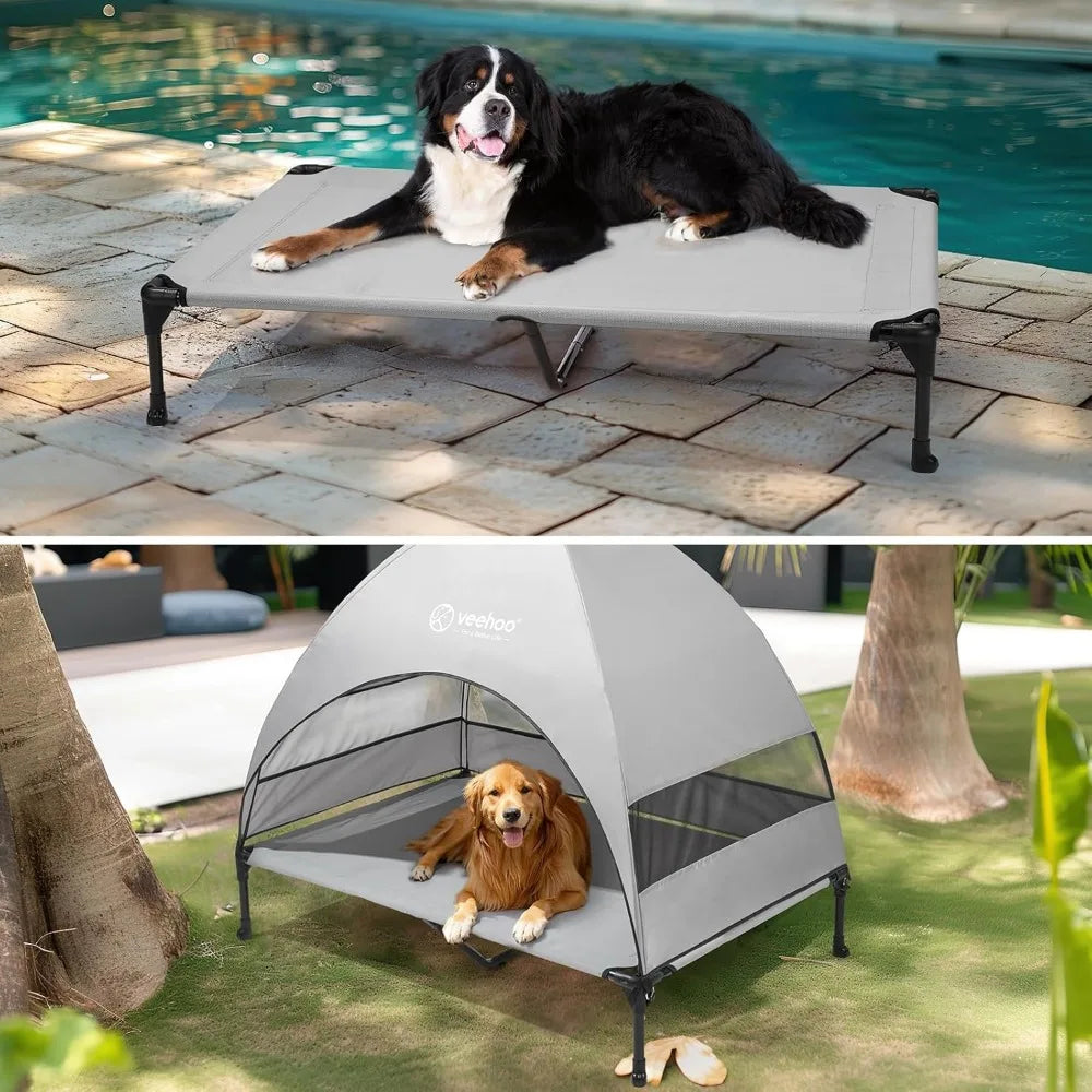 Outdoor Dog Bed with Canopy, Cooling Elevated Pet Cot with Removable Shade, Non-Slip Feet, Raised Dog Cot for Large Dogs, Pet T