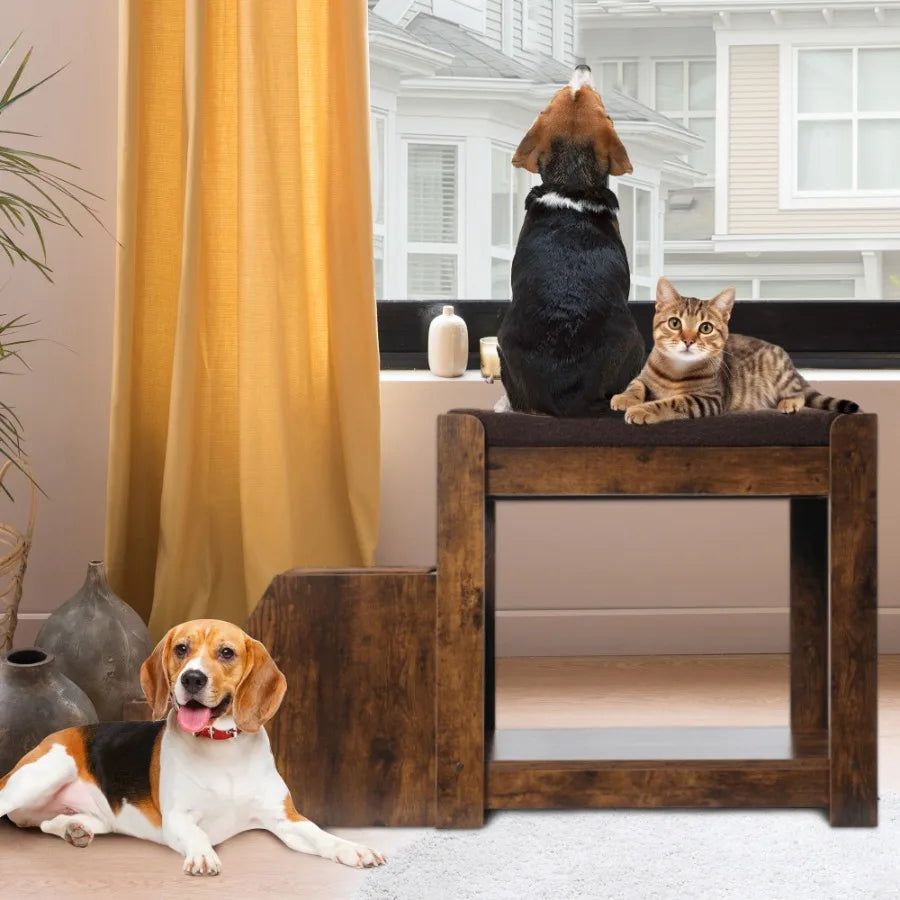 Pet Bunk Bed with Removable Step for Dogs and Cats MultiLevel Bed Window Perch Seat Platform with Cushion and Cat Scratch Pad I